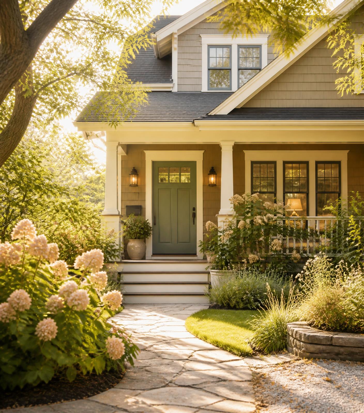 Sunlit craftsman home with a sage green front door and blush garden borders